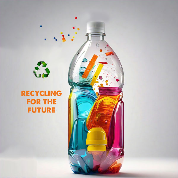 A colorful plastic bottle with the words RECYCLING FOR THE FUTURE.